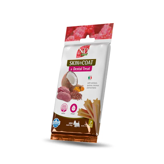 Farmina Treat Nd Quinoa Dog Skin Coat con Venado, Quinoa y Cúrcuma - Mini 15x60 gr