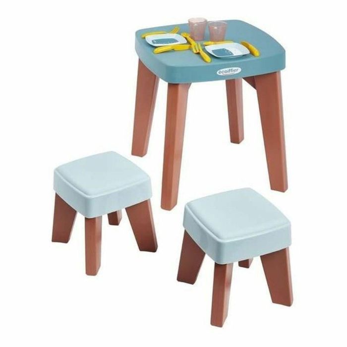 Ecoiffier Mesa de comedor con 2 taburetes, 13 piezas, A partir de 18 meses