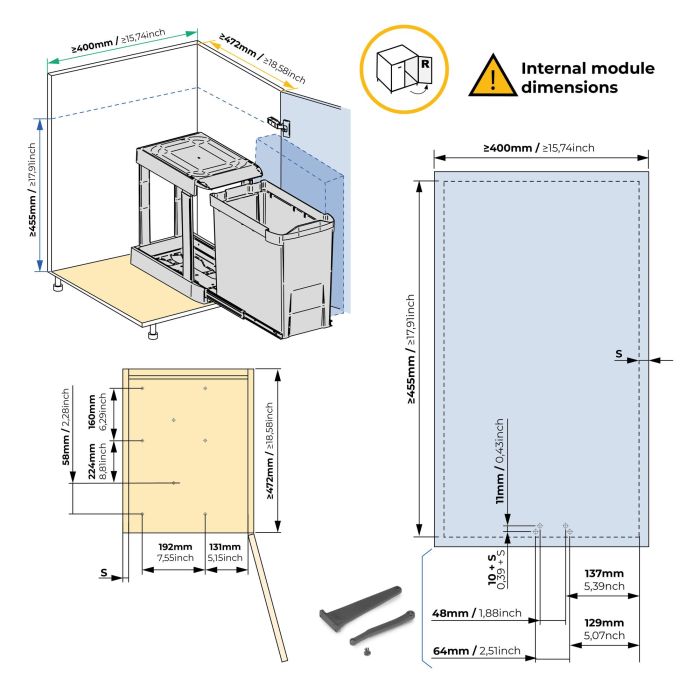 Emuca Contenedores de reciclaje para cocina, 2 x 14L, fijación inferior y extracción automática, Acero y Plástico, Gris antracita 13 Emuca Contenedores de reciclaje para cocina, 2 x 14L, fijación inferior y extracción automática, Acero y Plástico, Gris antracita 13
