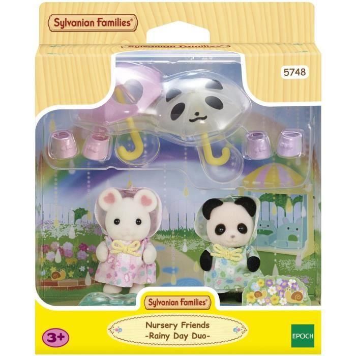 Figuras articuladas - SYLVANIAN FAMILIES - Dúo de bebés con trajes de lluvia - Panda y Marshmallow Mouse 1