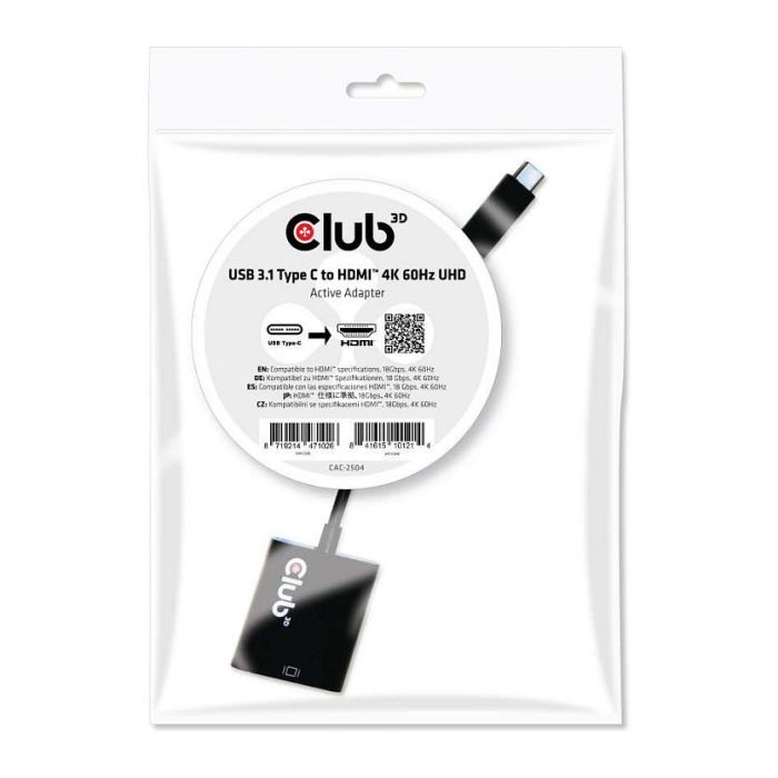 Club 3D Adaptador USB 3.1 Typ C a HDMI 2.0 UHD 4K 60Hz HDR Activo Negro 1
