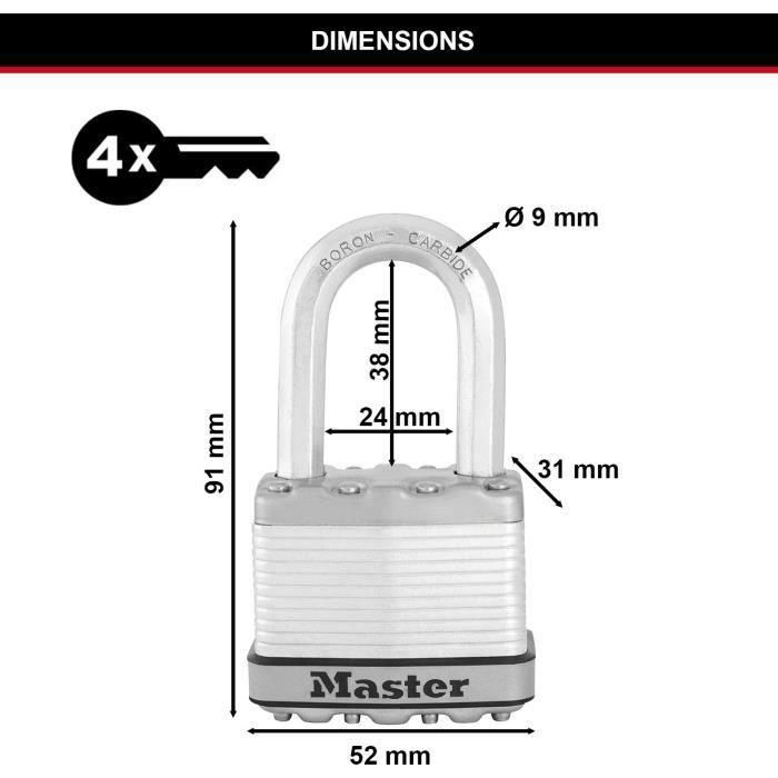 Candado de Alta Seguridad - MASTER LOCK - M115EURTRILF - Con llave - Acero laminado revestido - Exterior - Antióxido - Arco M - Paquete de 3 4