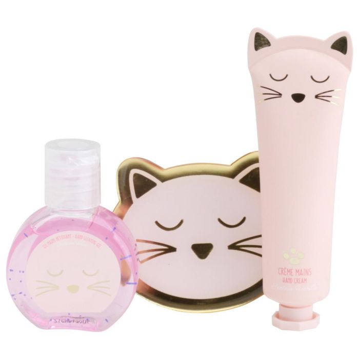 Cosmetic Club Juego de 3 Piezas Cosmética Gato Neceser Transparente con Espejo, Crema de Manos Vainilla 30ml, Hidrogel Lilas 35ml, Medidas 15x7x12.5cm 1