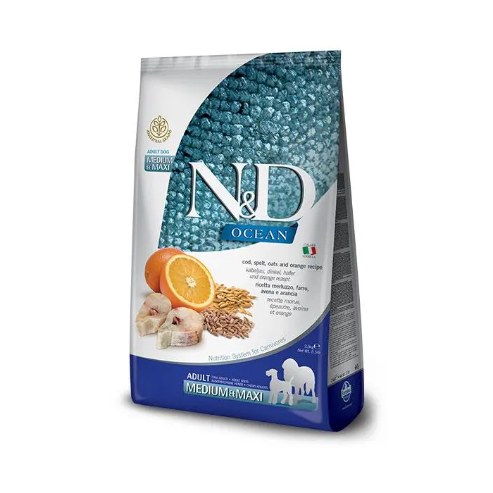 Farmina N&D Dog Ocean Low Grain Medium Maxi Alimento para Perros Adultos Raza Mediana/Grande con Bacalao y Naranja - 12 kg