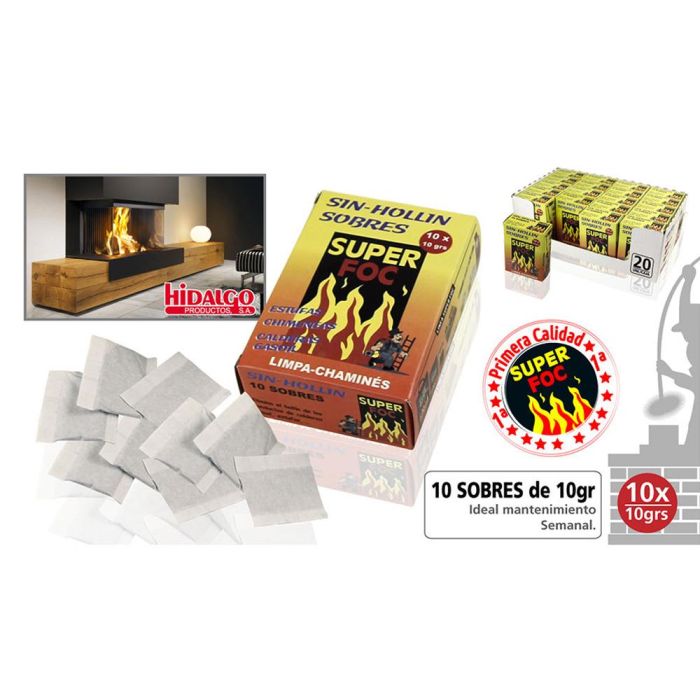 Super Foc 07902 Deshollinador Sin-Hollin Caja con 10 Sobres para Mantenimiento Semanal de Chimeneas y Estufas 1