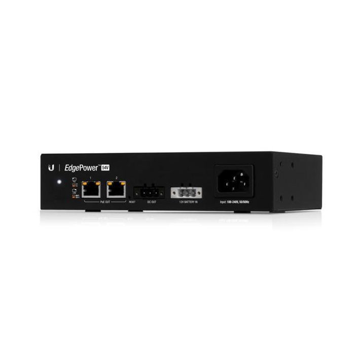 Ubiquiti 100-240VAC, 50-60 Hz, 54V DC Output, 12V Lead Acid Battery Input, Two, 10/100 Ethernet, 54V Passive PoE output, switch-ports 2 Ubiquiti 100-240VAC, 50-60 Hz, 54V DC Output, 12V Lead Acid Battery Input, Two, 10/100 Ethernet, 54V Passive PoE output, switch-ports 2