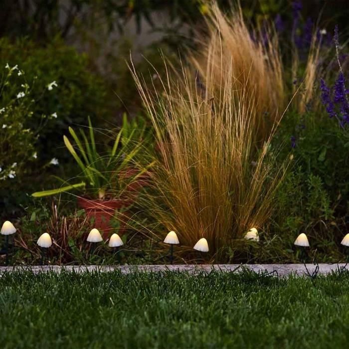 10 mini setas con luz solar para pinchar - LUMISKY - CHAMPY - 3,8 m - Iluminación de caminos - LED blanco cálido 1