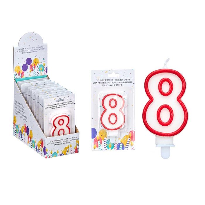 Vela Cumpleaños Número 8 Blanca Borde Rojo Arte Regal 4.2x8.2x1 cm (72 Unidades) Vela Cumpleaños Número 8 Blanca Borde Rojo Arte Regal 4.2x8.2x1 cm (72 Unidades)