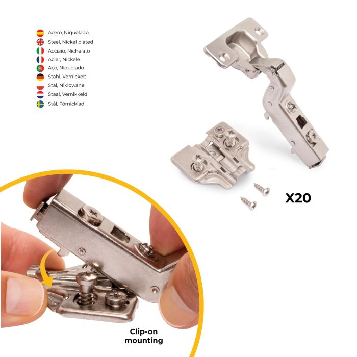Emuca Lote de 20 bisagras supercodo X91 con cierre suave y suplementos Euro, Altura 0, Acero, Niquelado 2 Emuca Lote de 20 bisagras supercodo X91 con cierre suave y suplementos Euro, Altura 0, Acero, Niquelado 2