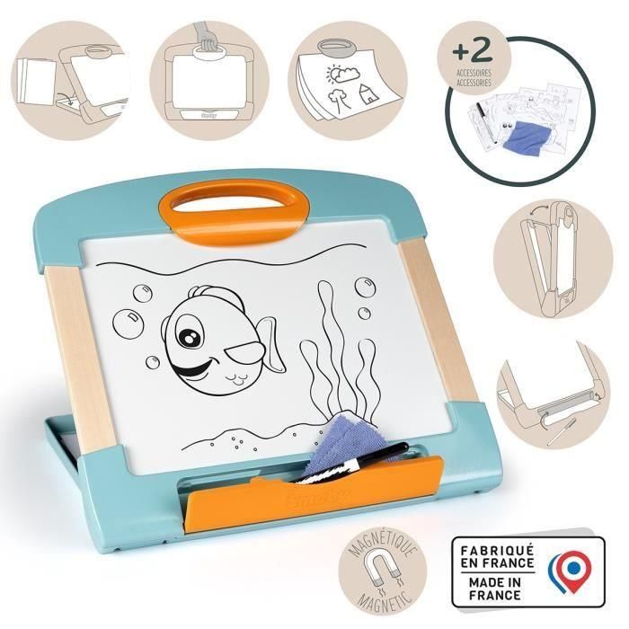 Smoby - Pizarra portátil - 3 usos diferentes - Incluye: 1 rotulador borrable, 4 páginas para colorear y 1 paño - Fabricado en Francia