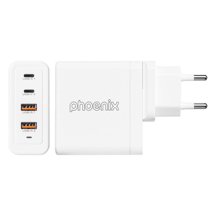 Phoenix technologies Cargador 100 W Gan USB Tipo C para Laptops, Tablets y Dispositivos Varios, 2 USB-C y 2 USB-A 4