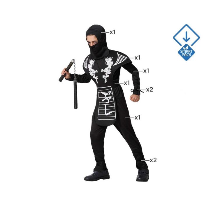 Disfraz de Ninja para Niño, Color Negro y Blanco, Talla 10-12 Años, Completo con Camiseta, Pantalón, Chaleco y Accesorios, Ideal para Carnaval Disfraz de Ninja para Niño, Color Negro y Blanco, Talla 10-12 Años, Completo con Camiseta, Pantalón, Chaleco y Accesorios, Ideal para Carnaval