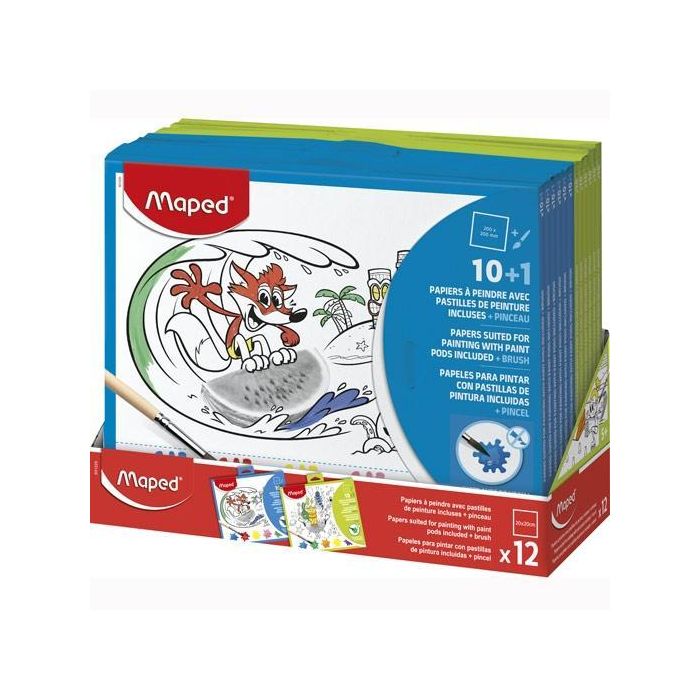 Maped Papel para Pintar con Pastillas de Pintura y Pincel, 10 Hojas con Colores Surtidos