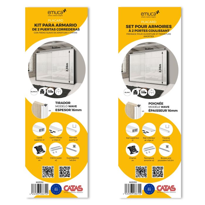 Emuca Kit de herrajes para armario de 2 puertas correderas y cierre suave Placard 74, perfil Wave, espesor 16mm, tableros no incluidos, Pintado blanco 3 Emuca Kit de herrajes para armario de 2 puertas correderas y cierre suave Placard 74, perfil Wave, espesor 16mm, tableros no incluidos, Pintado blanco 3