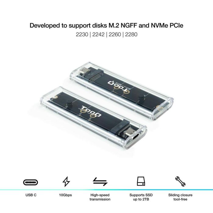TooQ TQE-2200 Caja Externa para SSD M.2 NVMe/NGFF USB 3.2 Gen 2 (10Gbps) Tipo C Transparente con RGB y soporte hasta 2TB 7 TooQ TQE-2200 Caja Externa para SSD M.2 NVMe/NGFF USB 3.2 Gen 2 (10Gbps) Tipo C Transparente con RGB y soporte hasta 2TB 7