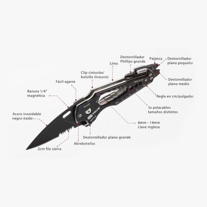 True Navaja Multiusos Smartknife TU6869 15 en 1 con 3 Destornilladores, Lima, Pelacables, Abrebotellas y Más 5