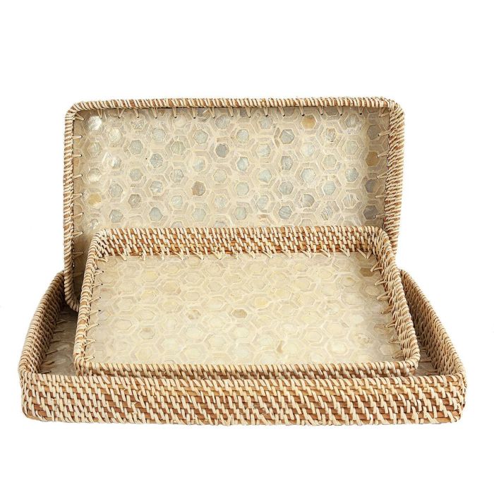 Juego de Bandejas Romimex Beige Ratán Nácar 52 x 6 x 32 cm 3 Piezas