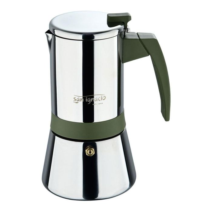 San Ignacio Cafetera Experto 6 Tazas (300 ml) Acero Inoxidable Para Inducción, Ø10.5 x 19 cm, Asa Nylon Verde Oliva con Silicona, Modelo PQ-7764C