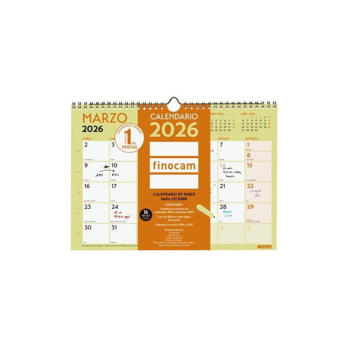 FINOCAM 787220126 Calendario de pared 2026 para escribir, formato A4 (210x297mm), vista mensual, espiral 3