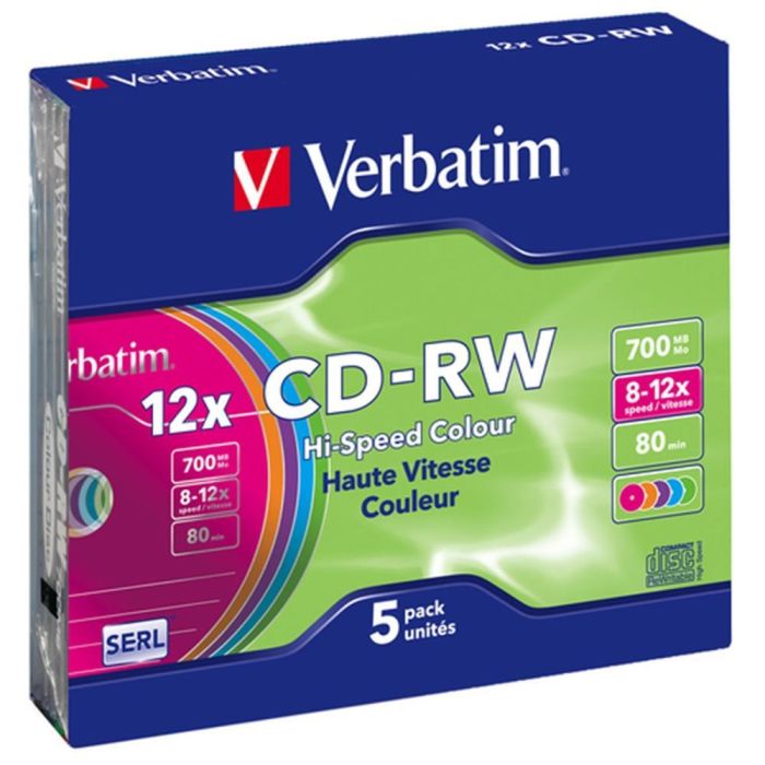 Verbatim Cd-Rw, 700Mb, 12X, 5 Pack Slim Case, Colour Surface Regrabable 1 Verbatim Cd-Rw, 700Mb, 12X, 5 Pack Slim Case, Colour Surface Regrabable 1