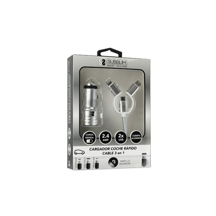 SUBBLIM Cargador coche Dual Alum 2.4A + Cable 3 in1 Silver 6