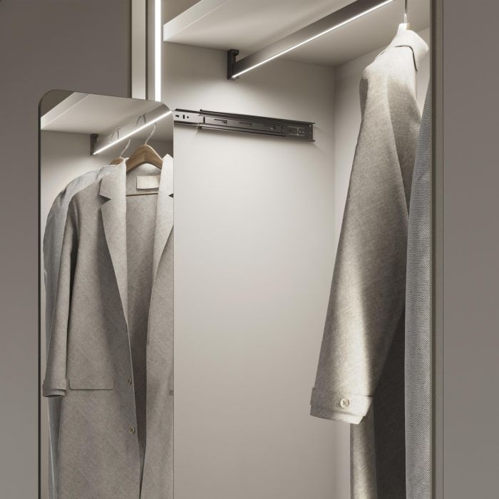 Emuca Kit de barra para armario Luxe, tira LED 4,5x8 Neonlynx V, sensor de movimiento RF Smart y convertidor Smart (24V DC), longitud 1.150mm, Luz blanca cálida 2.700K, Plástico y Aluminio, Pintado negro texturizado 3 Emuca Kit de barra para armario Luxe, tira LED 4,5x8 Neonlynx V, sensor de movimiento RF Smart y convertidor Smart (24V DC), longitud 1.150mm, Luz blanca cálida 2.700K, Plástico y Aluminio, Pintado negro texturizado 3