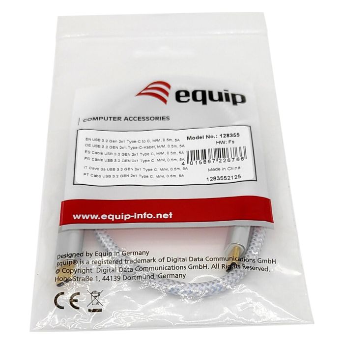 EQUIP 128358 Cable USB-C 3.2 Gen 2 a USB-C, 2m, 100W PD, 4K/60Hz, Blanco
