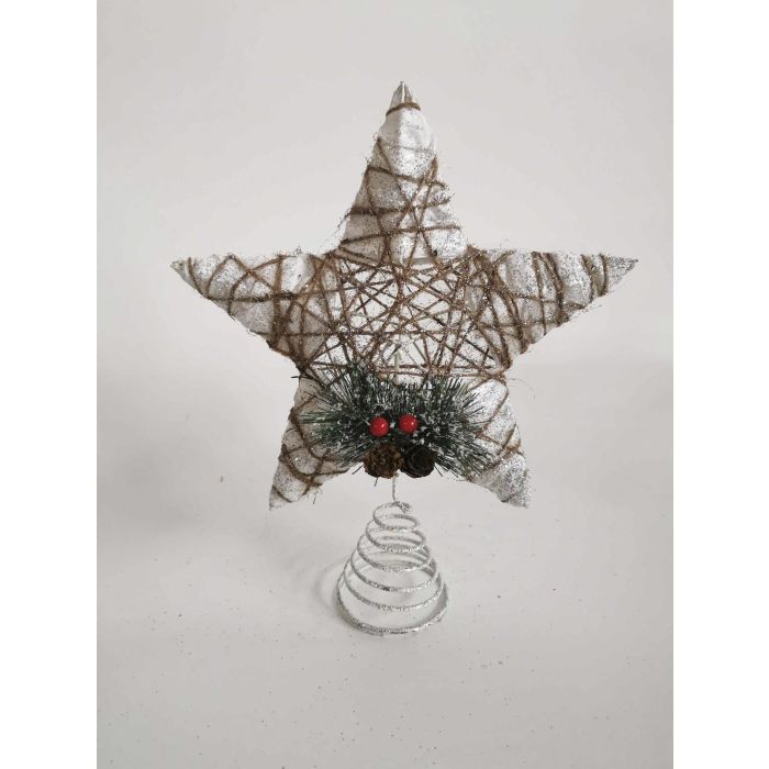 DKD Home Decor Decoración Navidad Alpina Estrella Ratán y Metal Marrón Blanco 5x30x25 cm (6 Unidades)