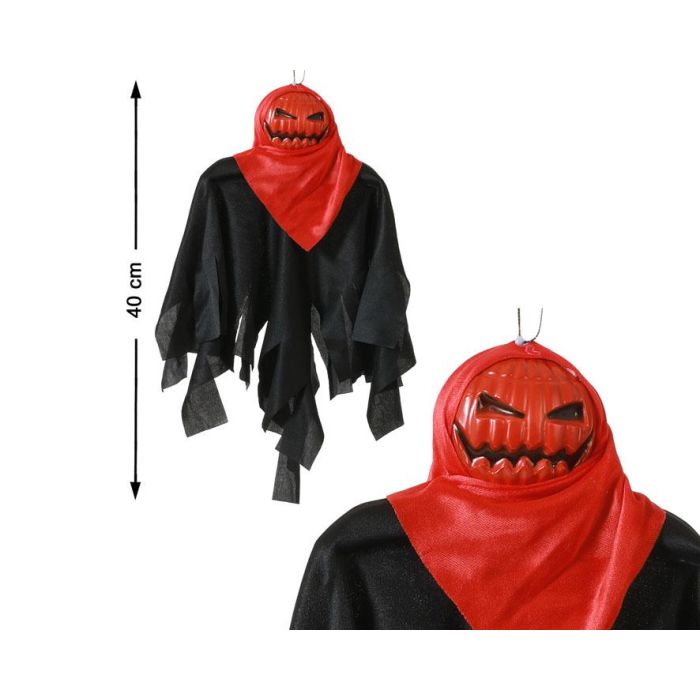 Figura Colgante de Calabaza con Capa Negra y Pañuelo Rojo, Expresión Malvada para Decoración Halloween, 40x25 cm Figura Colgante de Calabaza con Capa Negra y Pañuelo Rojo, Expresión Malvada para Decoración Halloween, 40x25 cm