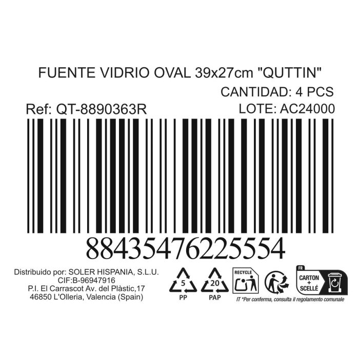 Fuente de vidrio oval Quttin 39x27 cm (4 Unidades) 2 Fuente de vidrio oval Quttin 39x27 cm (4 Unidades) 2