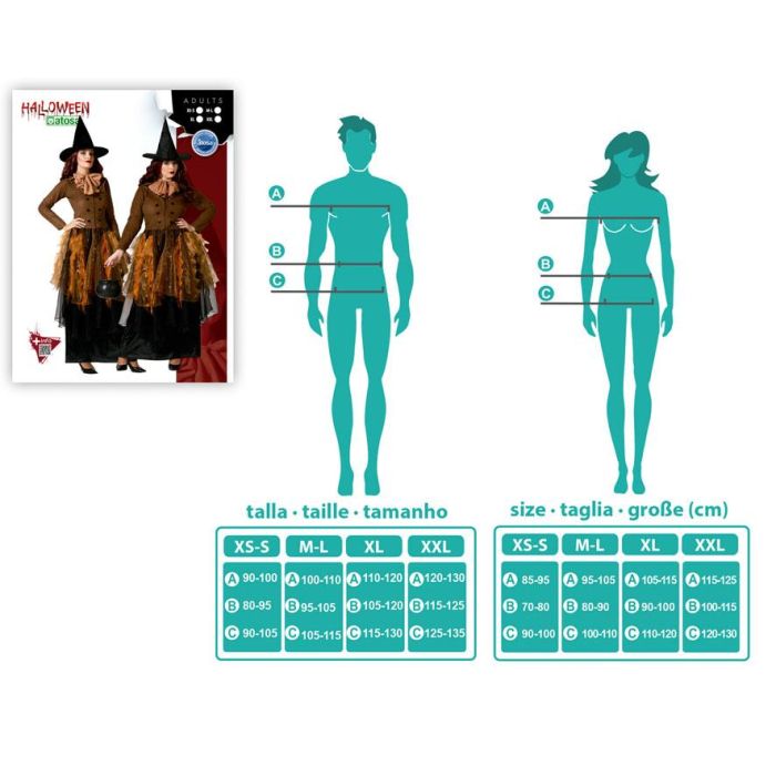 Disfraz Bruja Marrón para Mujer Adulta, Vestido con Falda de Tul Multicolor, Sombrero y Lazo. Ideal Halloween, Talla XS-S. 3