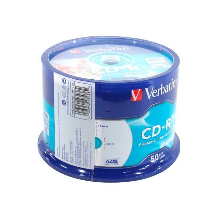Verbatim Cd-R Azo, 700Mb, 52X, 50 Pack Spindle, Superficie Wide Inkjet Printable 23 118 mm Verbatim Cd-R Azo, 700Mb, 52X, 50 Pack Spindle, Superficie Wide Inkjet Printable 23 118 mm