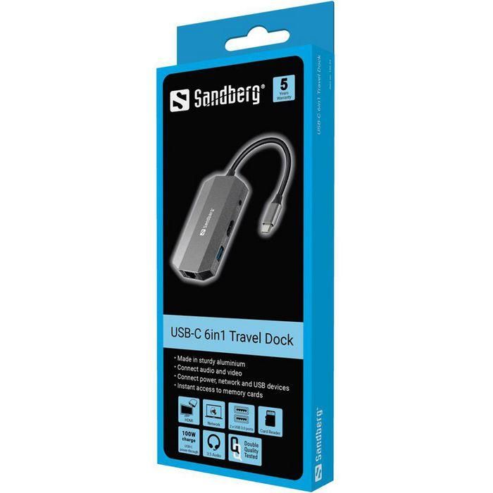 Sandberg USB-C 6in1 Travel Dock con HDMI, USB 3.0, RJ45, Lector SD y Audio para Portátiles con Carga Power Delivery 1 Sandberg USB-C 6in1 Travel Dock con HDMI, USB 3.0, RJ45, Lector SD y Audio para Portátiles con Carga Power Delivery 1