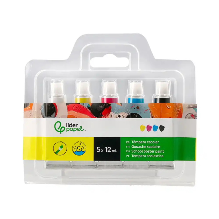 Liderpapel Tempera en tubo de 12 ml estuche de 5 tubos colores primarios surtidos 1