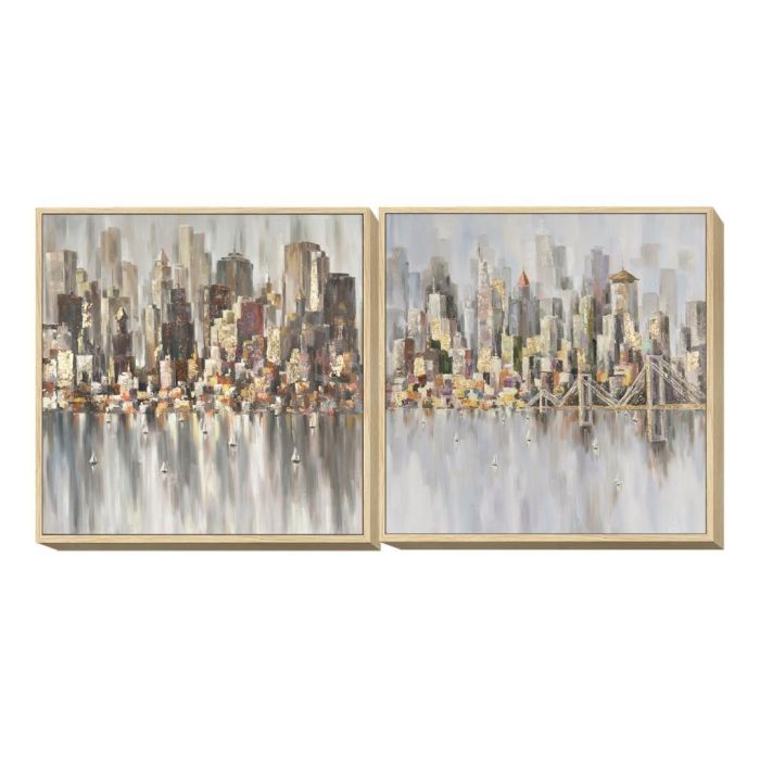 DKD Home Decor Cuadro Loft Ciudad Hecho a Mano Lienzo Gris Beige 100 x 100 cm (2 Unidades)