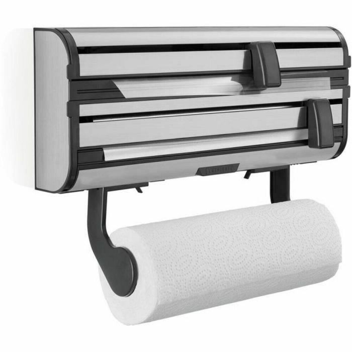 Leifheit 25793 Dispensador de pared Parat Royal 3 en 1 para toallas de papel, film y aluminio, cuchillas y freno, acero inoxidable