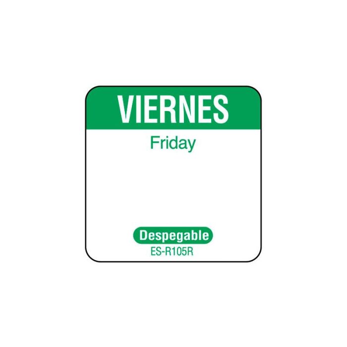 NCCO SR105R - Rollo de 1000 etiquetas despegables para rotación de inventario "VIERNES" - 2,5 x 2,5 cm - Blanco y verde - Venta 1 unidad.