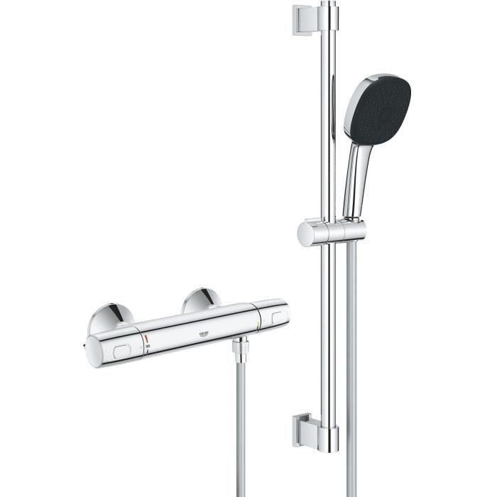 Set de ducha con mezclador termostático, rociador de 3 chorros, barra de 60 cm y flexo - GROHE 34237003 - Ahorro de agua - Cromo Set de ducha con mezclador termostático, rociador de 3 chorros, barra de 60 cm y flexo - GROHE 34237003 - Ahorro de agua - Cromo