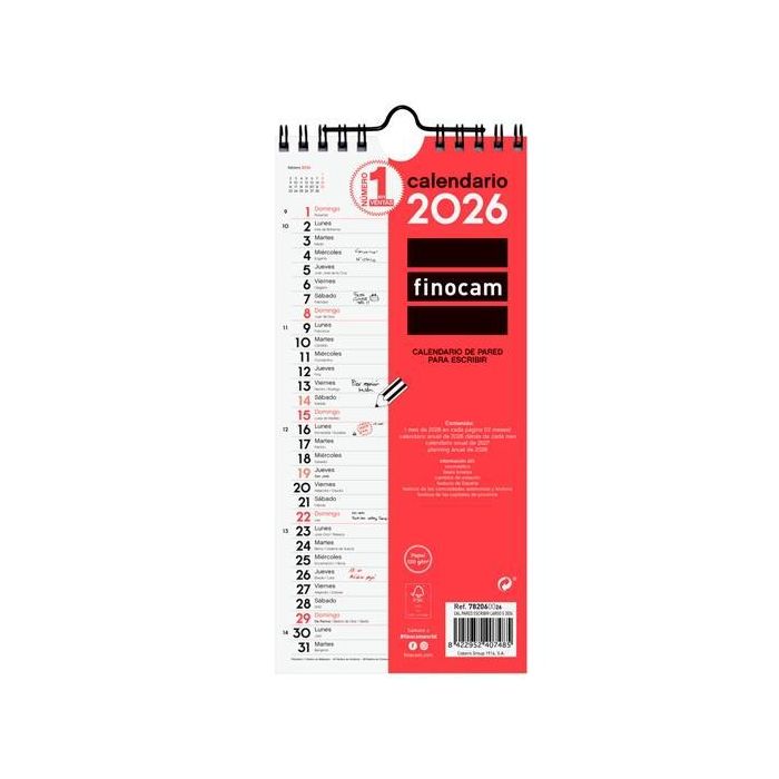 Finocam S-110x235 mm Calendario de Pared Largo para Escribir y Planificar, Mv Neutro 2026 con Espacio Diario y Festivos
