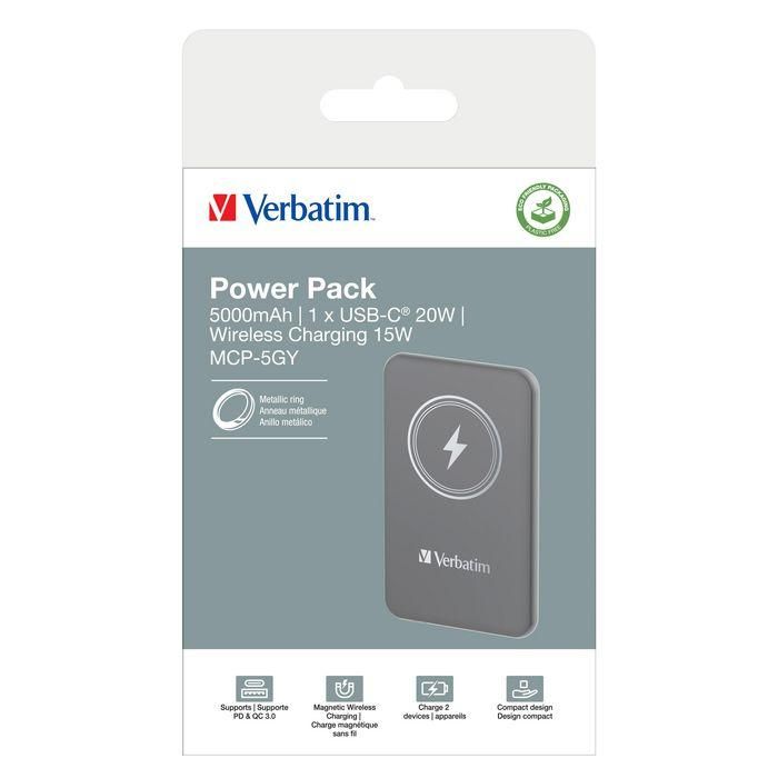 Verbatim Charge 'n' Go Power Bank Magnético Inalámbrico 5000mAh, Carga Rápida 15W / PD20W con USB-C y Diseño Delgado Gris 3