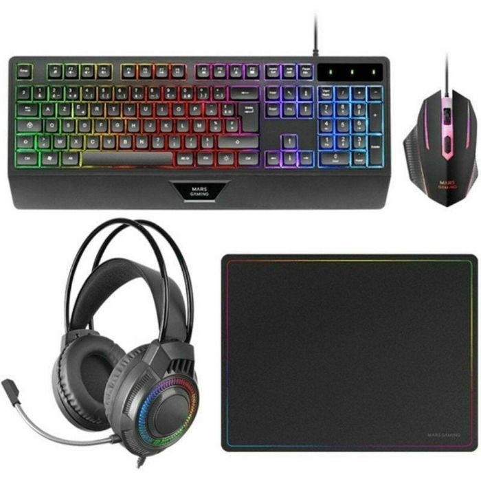 Mars Gaming MCP124PROES Pack Gaming 4 en 1: Teclado H-Mech RGB, Ratón Óptico, Auriculares FRGB, Alfombrilla Nanotextil. Compatible con PC, Consolas.