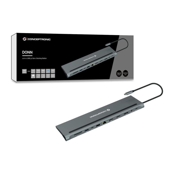 Conceptronic DONN17G Docking Station USB Tipo C 12 en 1 USB 3.2 Gen 1 con HDMI/DisplayPort 4K 60Hz, 100W PD, Gigabit Ethernet 1 Conceptronic DONN17G Docking Station USB Tipo C 12 en 1 USB 3.2 Gen 1 con HDMI/DisplayPort 4K 60Hz, 100W PD, Gigabit Ethernet 1