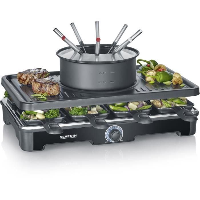 Combo Raclette-Fondue - SEVERIN - RG2347 - 8 personas - Caquelon con 8 tenedores y 8 espátulas - Negro