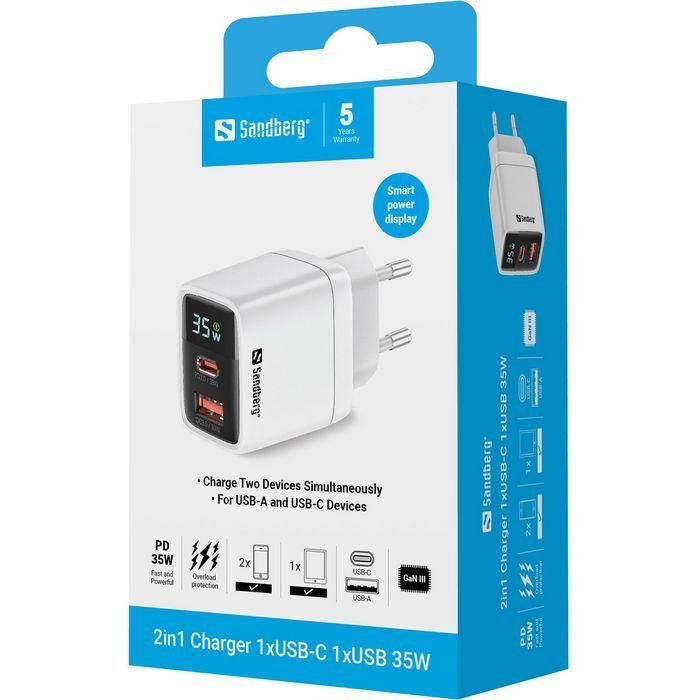 Sandberg Cargador de Pared Rápido 2 en 1 con 1x USB-C y 1x USB-A (35W), Pantalla de Potencia y Carga Dual para Smartphone/Tablet 3