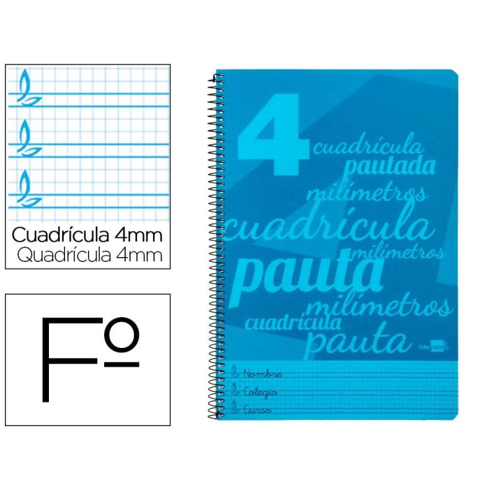 Cuaderno Espiral Liderpapel Folio Pautaguia Tapa Plastico 80H 75 gr Cuadro Pautado 4 mm Con Margen Color Azul