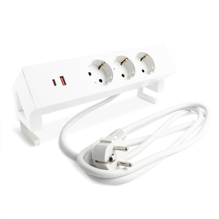 Herrajes Alk 721.37 Regleta Oficina 3 Enchufes Schuko USB-A USB-C Cargador 5V 3A 16A 3680W Blanco Mate Aluminio