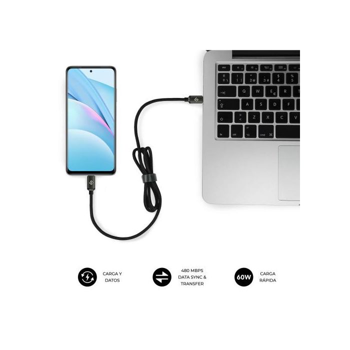Subblim SUBCAB-C06002 Cable USB-C a USB-C Optimus Carga Rápida 60W 480Mbps Nylon Trenzado 2m Negro 4