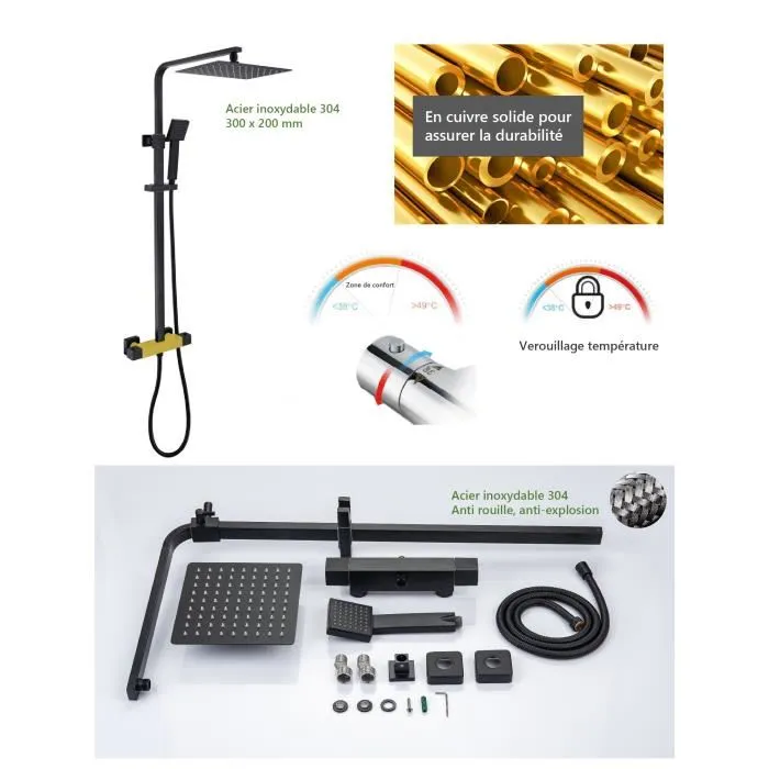 Oceanic Columna de ducha termostática Negro mate con cabezal rectangular 30x20 cm 5