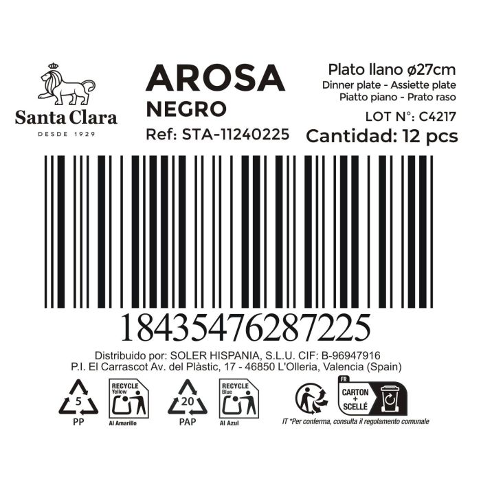 Inde Plato Llano Negro Arosa Serie Clara 27 cm Ø, Pieza de 20 cm, 850 g (12 Unidades)