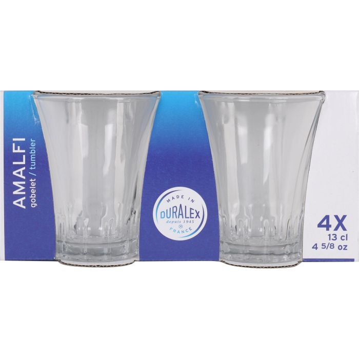 Duralex Juego de 4 Vasos de Vidrio Transparente 13 cl, Colección Amalfi, 6.5 cm de Diámetro x 8.2 cm de Altura (12 Cajas)